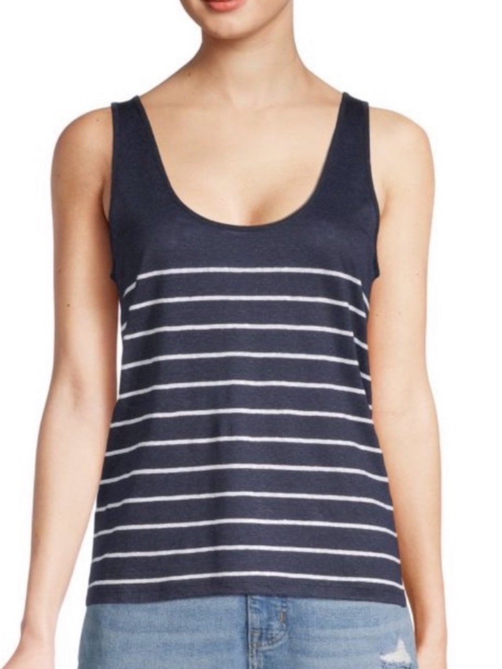 VINCE Breton Stripe Scoop Neck Linen Tank Top in Navy/stripe blue